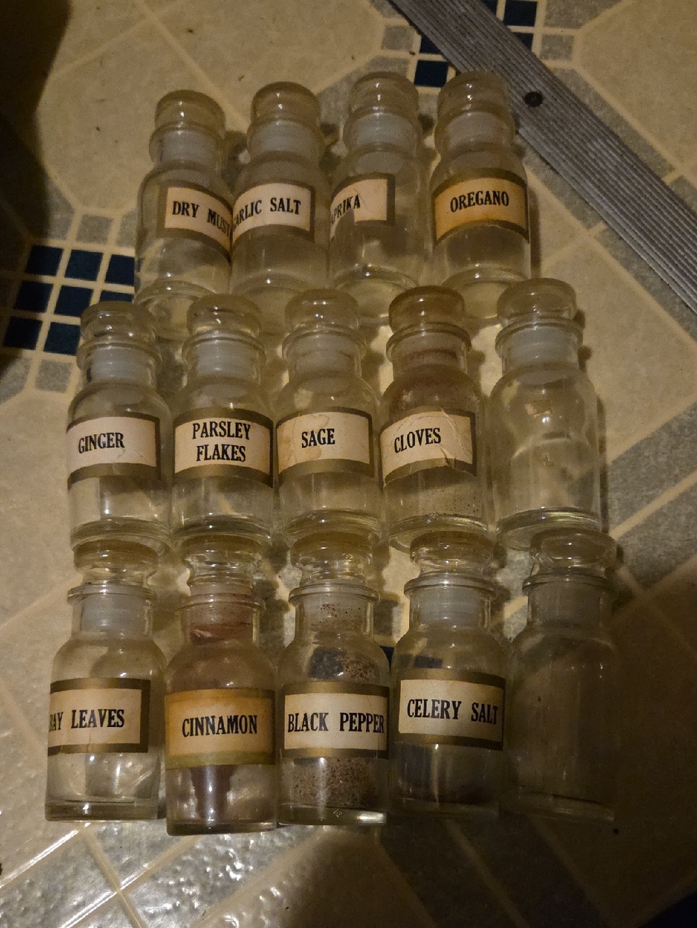 Vintage Clear Glass Spice Jars Apothecary with Labels Vintage Old - Set of 14